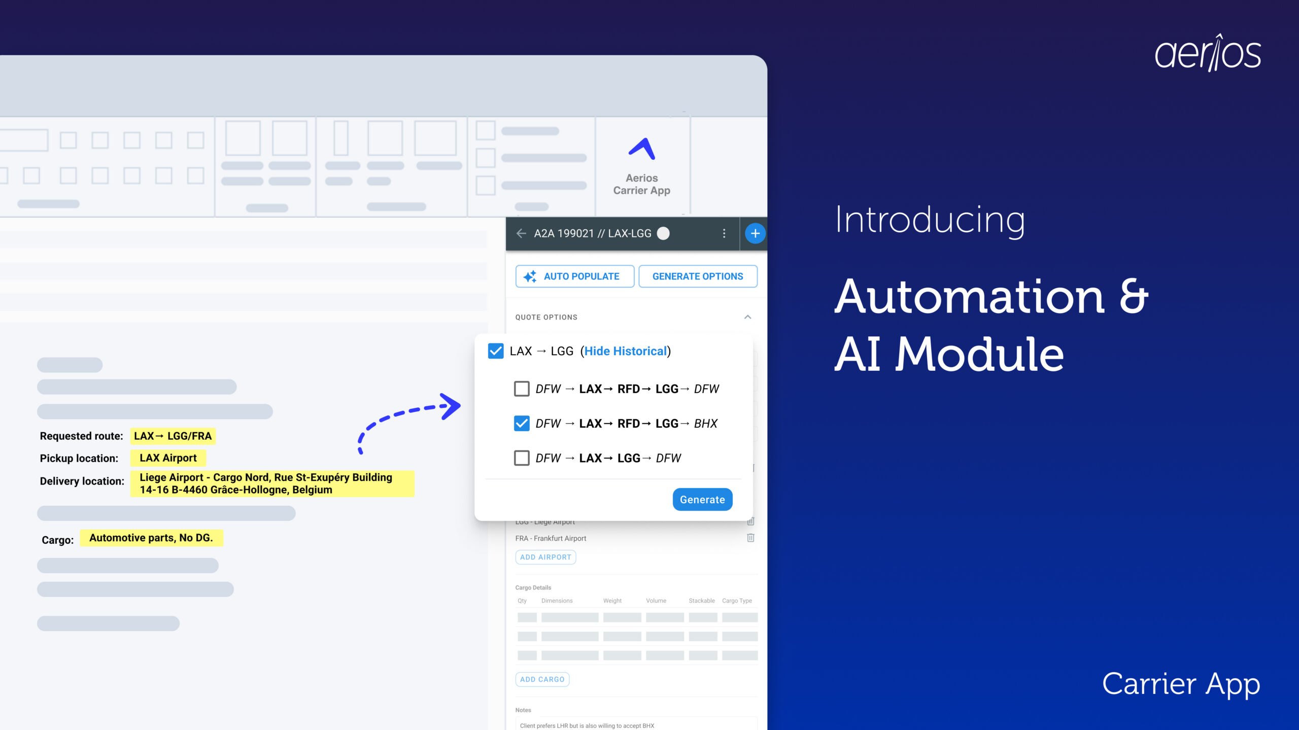 Promotional graphic for Aerios introducing the “Automation & AI Module” within the Carrier App. The image shows a quoting interface with highlighted shipment details (LAX to LGG/FRA, pickup at LAX Airport, delivery to Liège Airport, automotive parts) and a pop-up window generating route options (e.g., LAX–LGG, DFW–LAX–RFD–LGG–BHX). Aerios logo appears in the top corner against a blue gradient background.