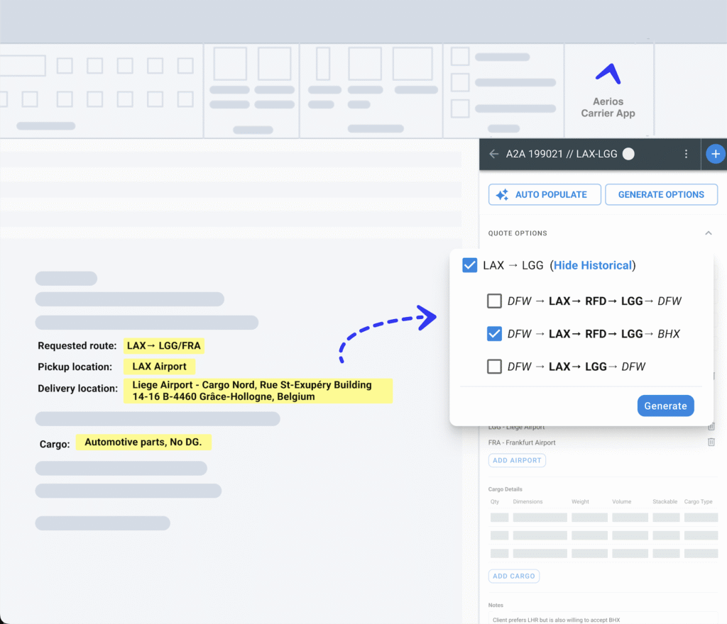 a dashboard showing Aerios' new module that automates routing and quote generation, reducing manual input errors, saving time and costs, and producing more consistent quotes.