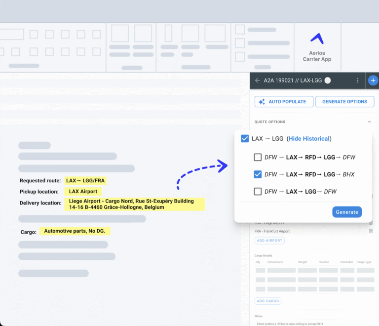 a dashboard showing Aerios' new module that automates routing and quote generation, reducing manual input errors, saving time and costs, and producing more consistent quotes.