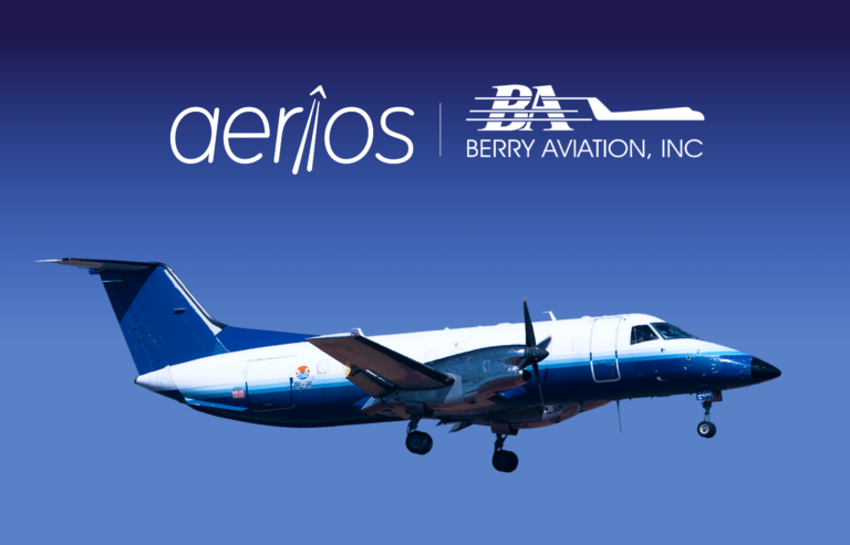 An image with a blue background gradient with the Aerios logo and Berry Aviation logo next to each other to signify the new partnership in the top third of the image and a Embraer EMB 120 Brasilia aircraft underneath filling the remaining space.